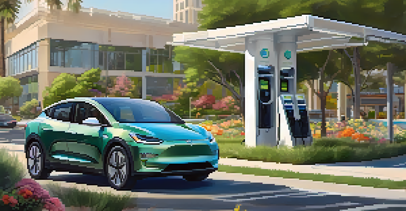 An electric vehicle charging station in San Diego with a parked electric car and greenery surrounding the area.