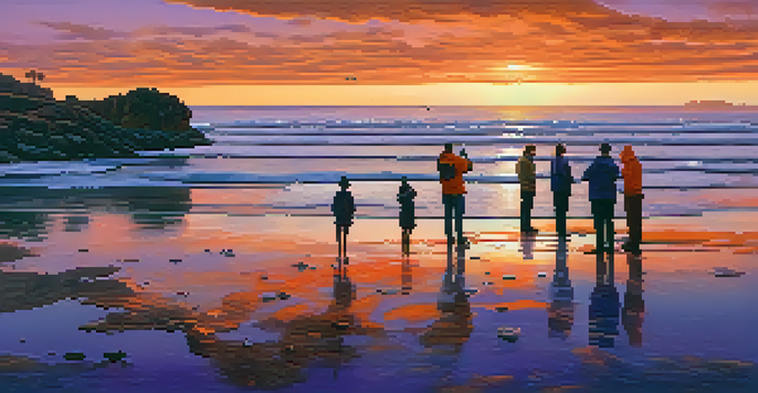 A sunset view of the San Diego coastline with marine biologists examining tidal pools.