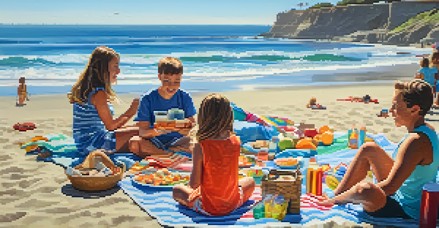 A family having a picnic on the beach, enjoying food and playing in the ocean on Memorial Day.