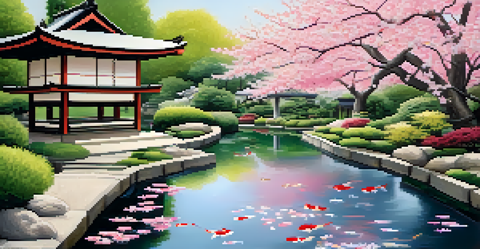 A tranquil koi pond in a Japanese garden surrounded by cherry blossom trees and zen gardens, with traditional lanterns.