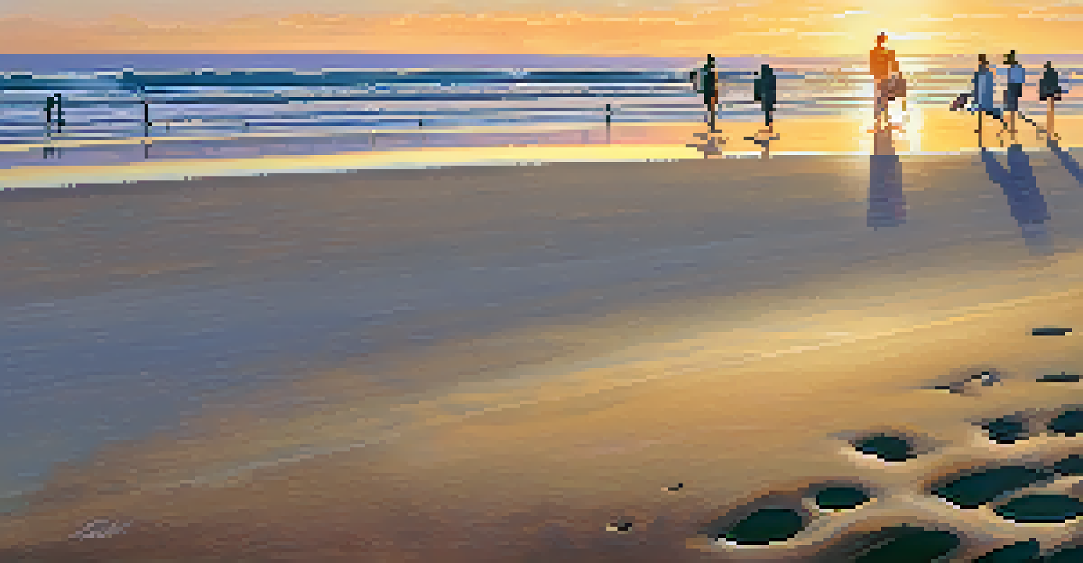 A serene sunrise at Coronado Beach with glistening water, soft sands, and early morning walkers against the backdrop of the Hotel del Coronado.