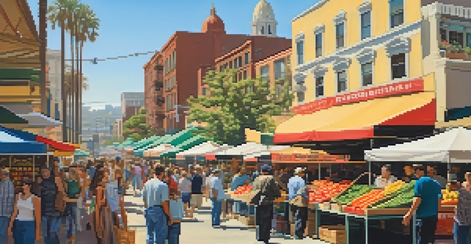 A lively outdoor market in Little Italy, San Diego, filled with colorful stalls and people enjoying the sunny day.