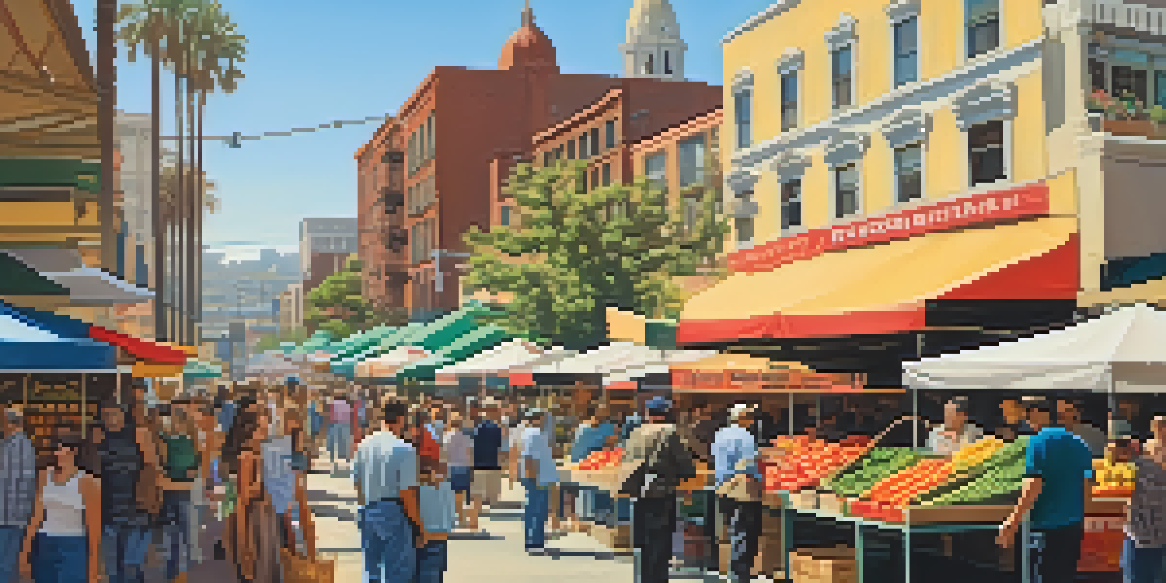 A lively outdoor market in Little Italy, San Diego, filled with colorful stalls and people enjoying the sunny day.