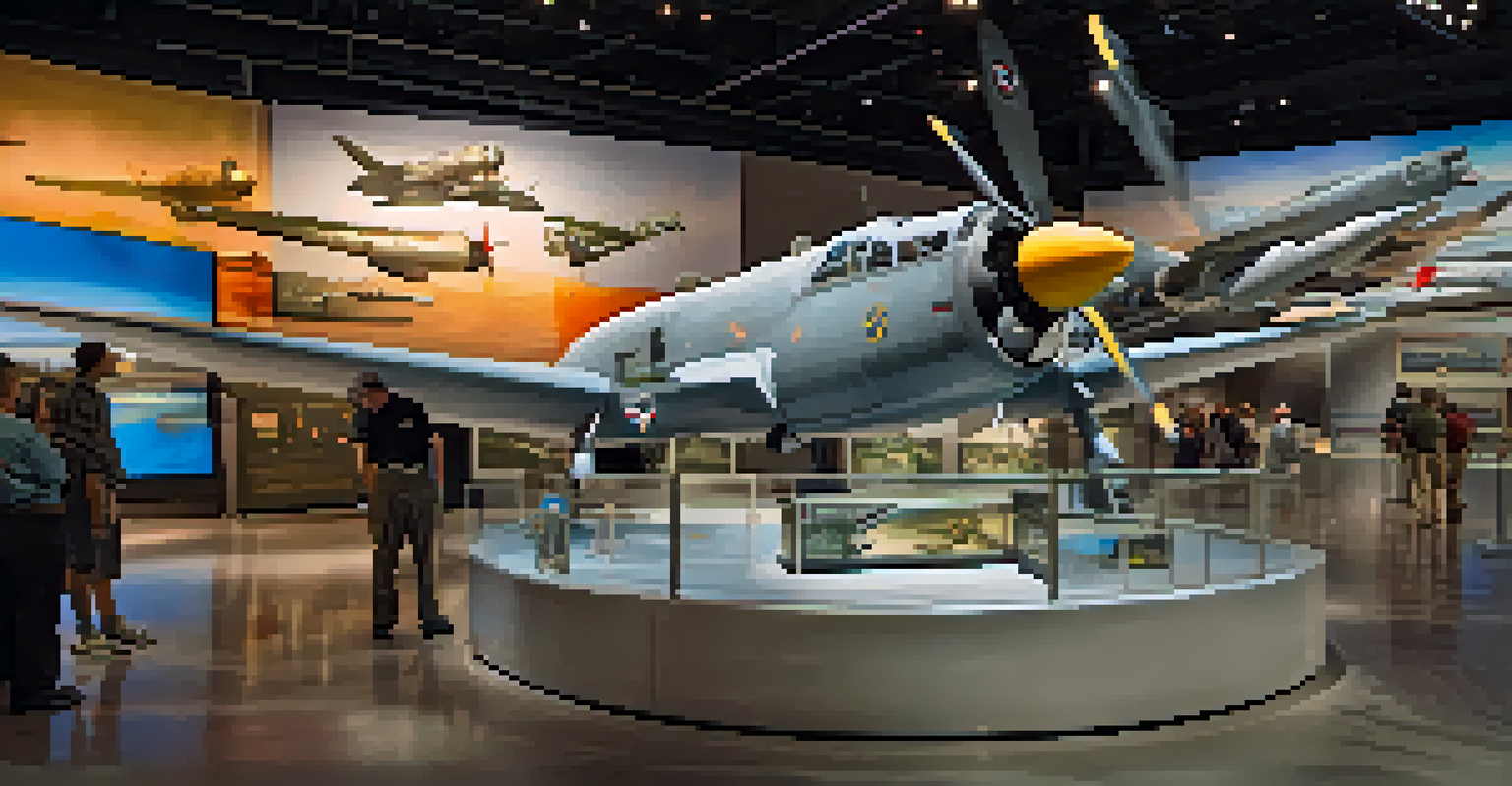 An exhibit inside the San Diego Air & Space Museum featuring a military aircraft model and interactive displays with visitors.