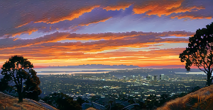 A scenic sunset view from Mount Helix overlooking San Diego, with a colorful sky and a laid-out blanket in the foreground.