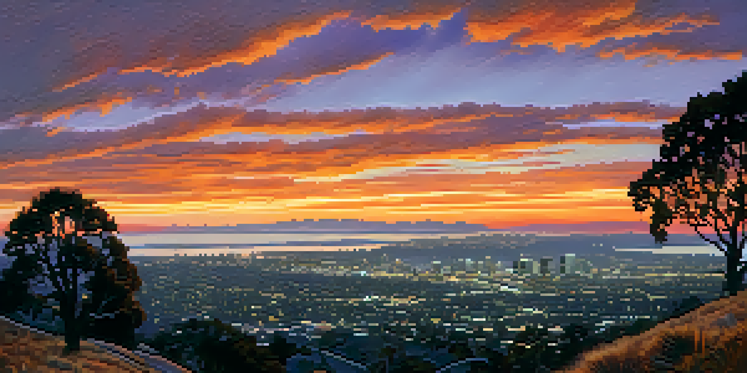 A scenic sunset view from Mount Helix overlooking San Diego, with a colorful sky and a laid-out blanket in the foreground.