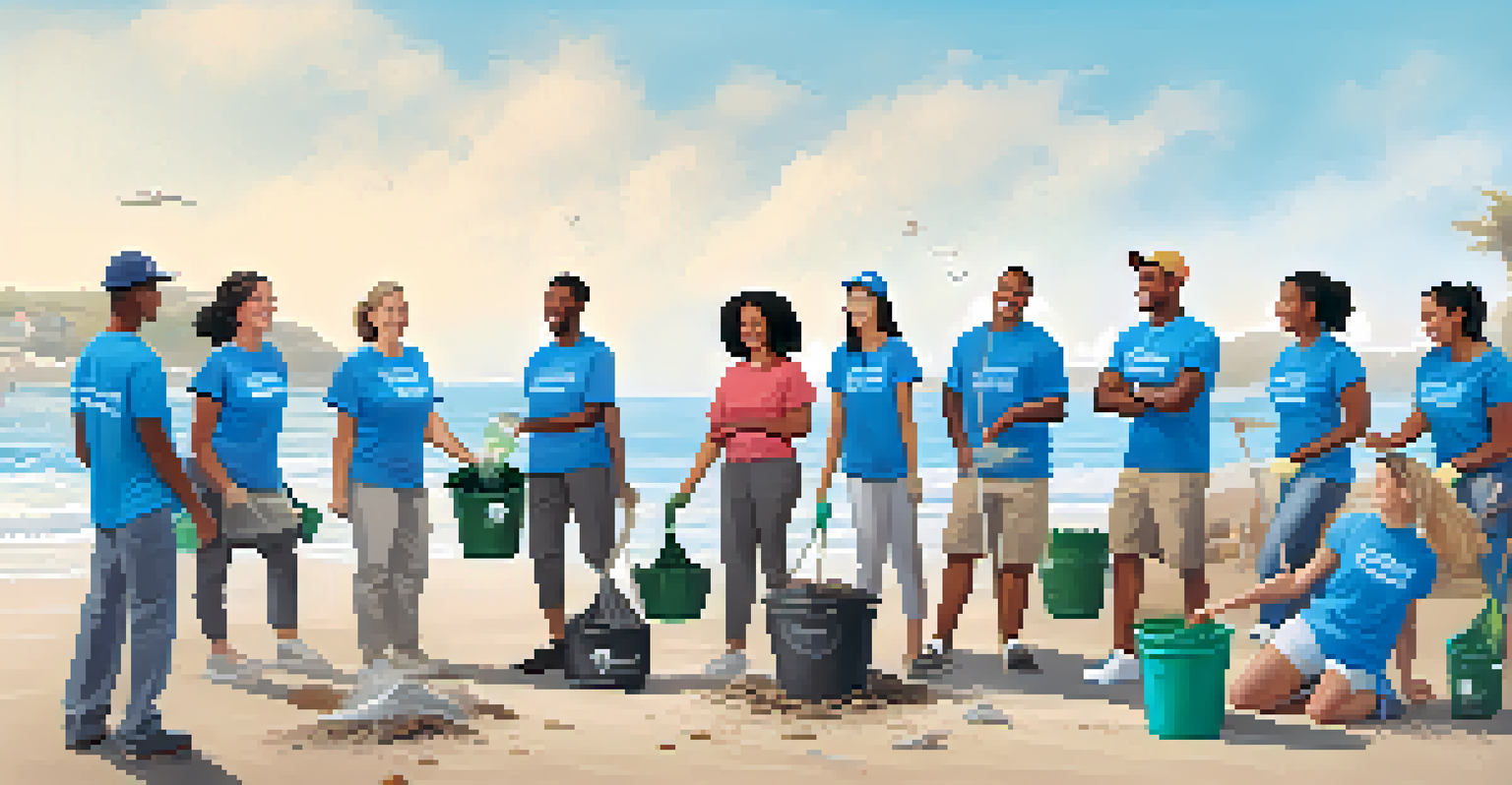 Employees cleaning a beach during a community event, with clear water and a sunny sky in the background.