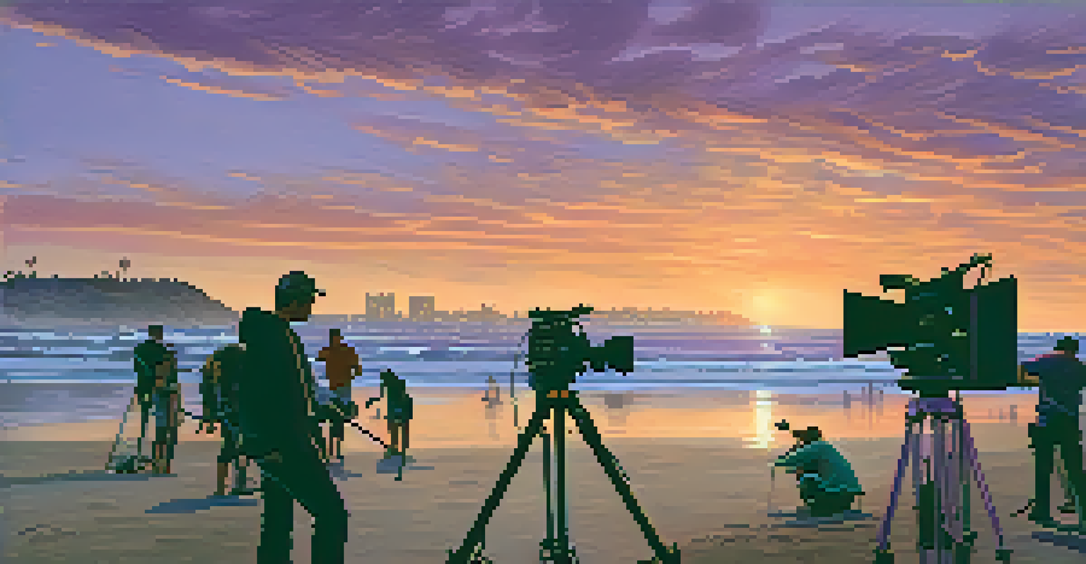 An indie film crew setting up on San Diego's beach at dusk, with a beautiful ocean backdrop.