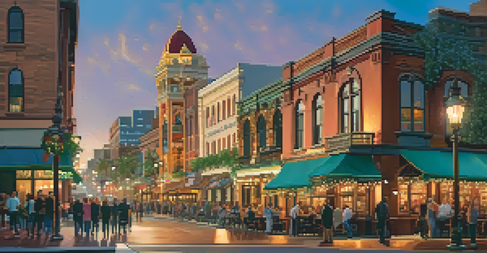 A lively street scene in the Gaslamp Quarter, featuring historic Victorian buildings and people dining outdoors during sunset.