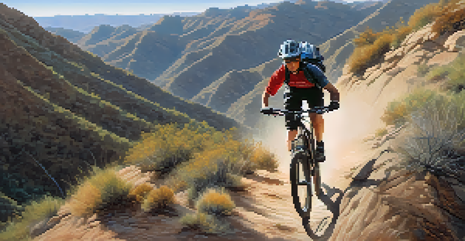 A mountain biker tackling a steep, rocky trail in Noble Canyon with mountains in the background.