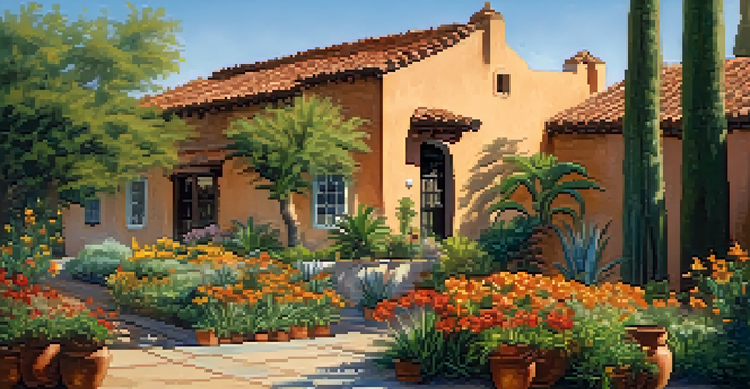 A sunny day in Old Town San Diego with adobe buildings, colorful flowers, and people walking in a plaza.