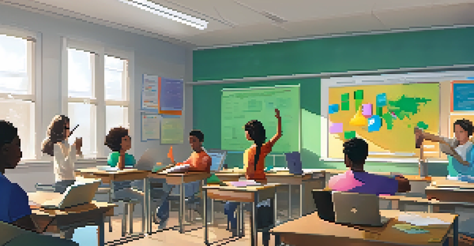 A lively classroom with diverse students actively participating in an online learning session, with laptops and bright educational decor.