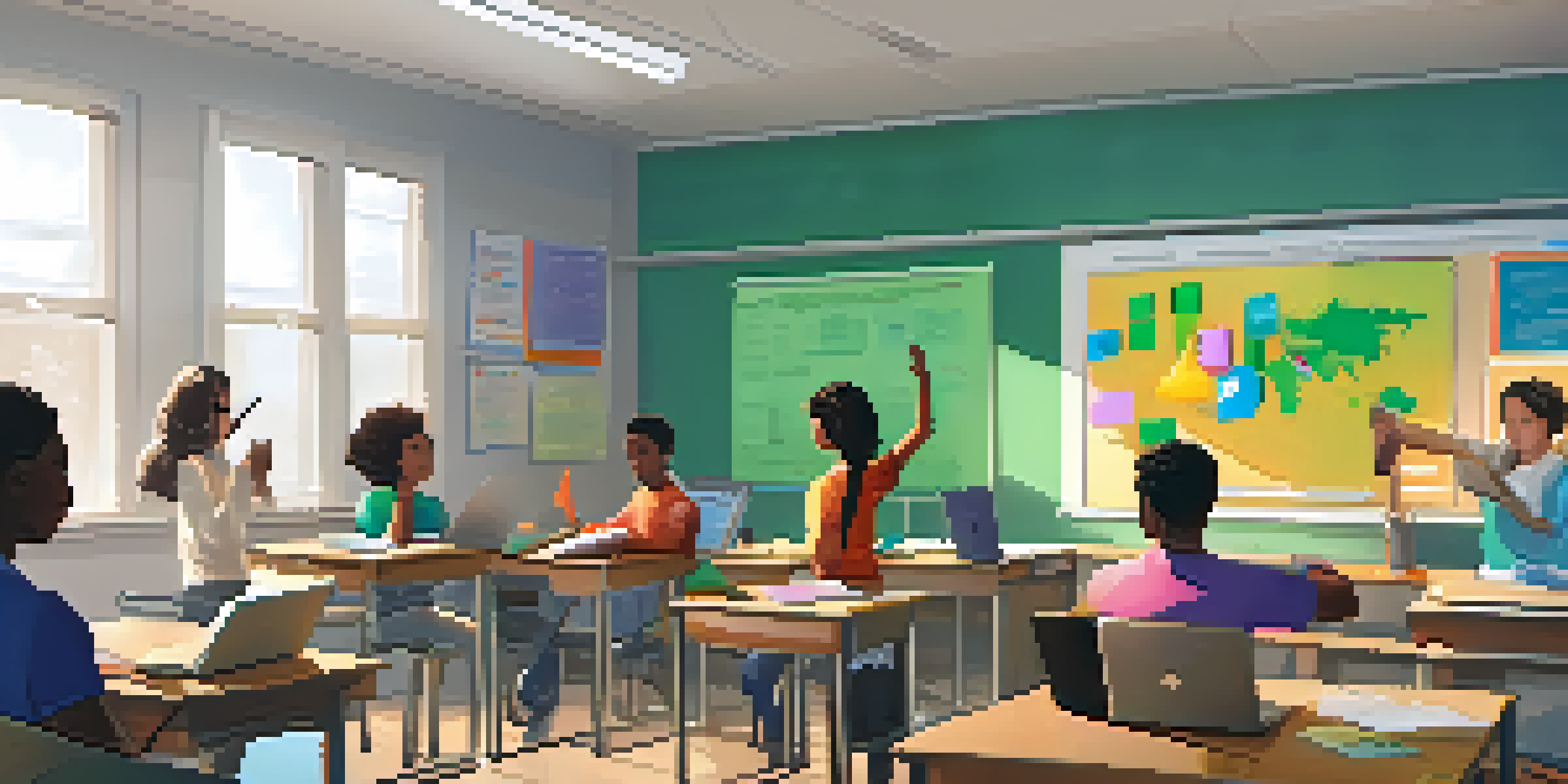 A lively classroom with diverse students actively participating in an online learning session, with laptops and bright educational decor.