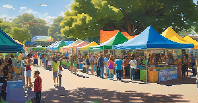 A diverse group of people at a nonprofit fair in a San Diego park, with colorful booths and activities under bright sunlight.