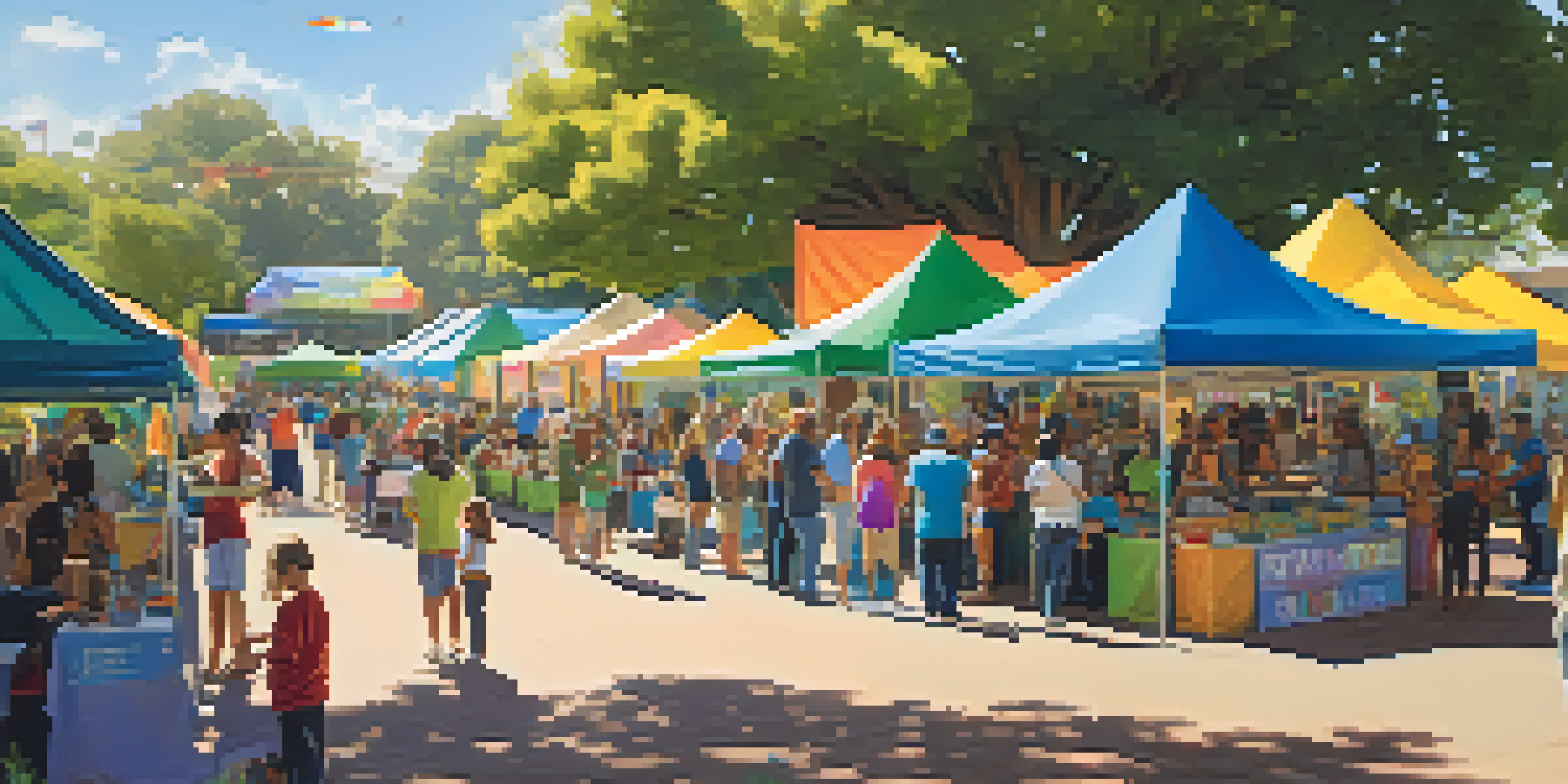 A diverse group of people at a nonprofit fair in a San Diego park, with colorful booths and activities under bright sunlight.