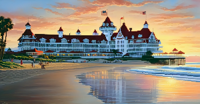 A picturesque sunset view of the historic Hotel del Coronado, showcasing its red-roofed architecture and beachfront setting.