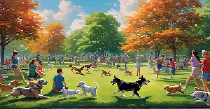 A lively dog park filled with dogs of different breeds playing and pet owners chatting in a sunny environment.