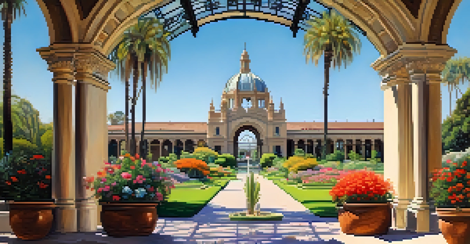 A beautiful view of Balboa Park showcasing the Botanical Building and vibrant gardens under a clear blue sky.
