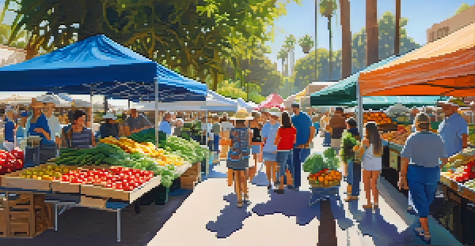A lively farmers' market in San Diego with colorful fruits and vegetables, local farmers, and shoppers enjoying their experience under a sunny sky.