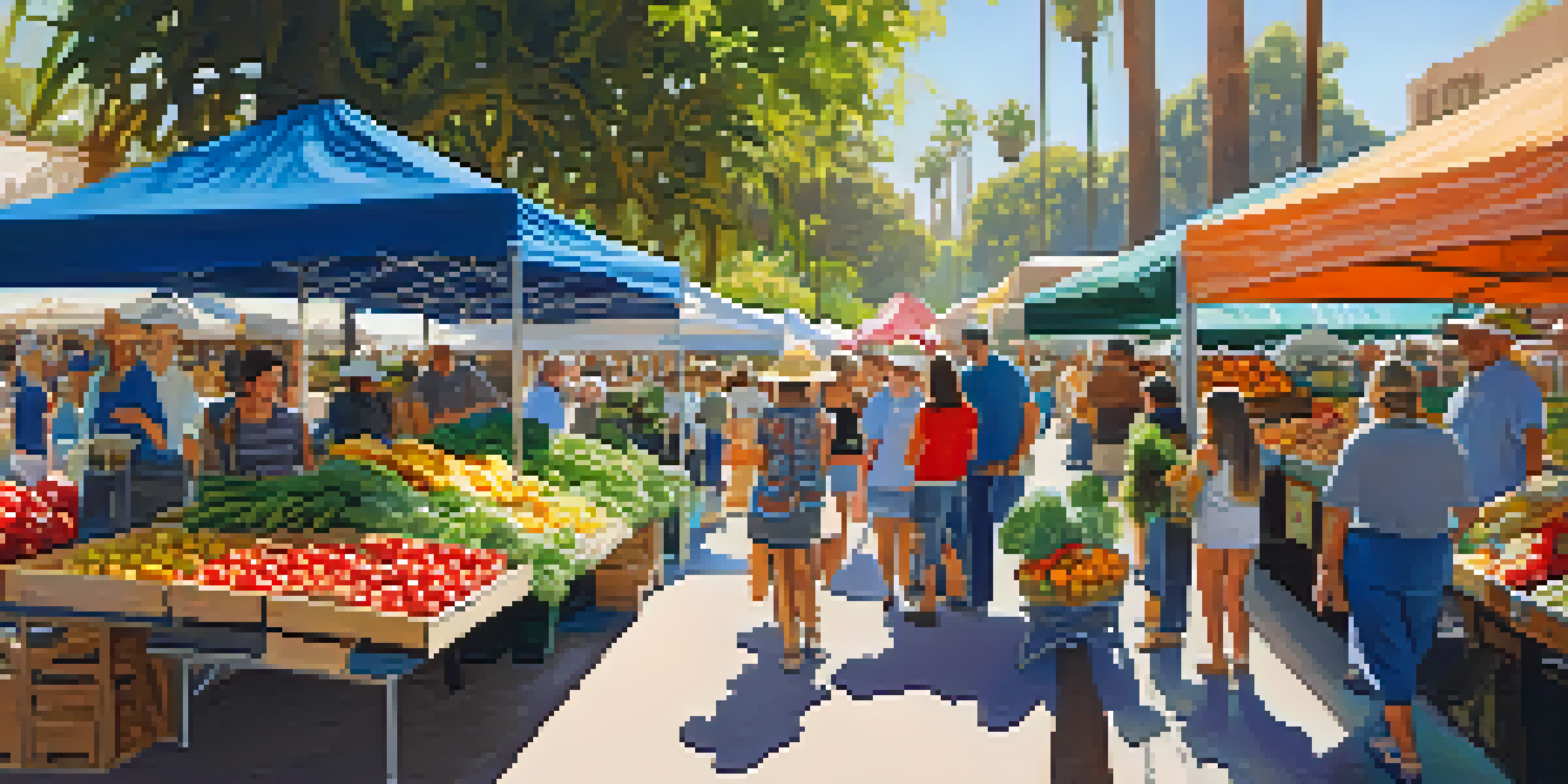 A lively farmers' market in San Diego with colorful fruits and vegetables, local farmers, and shoppers enjoying their experience under a sunny sky.