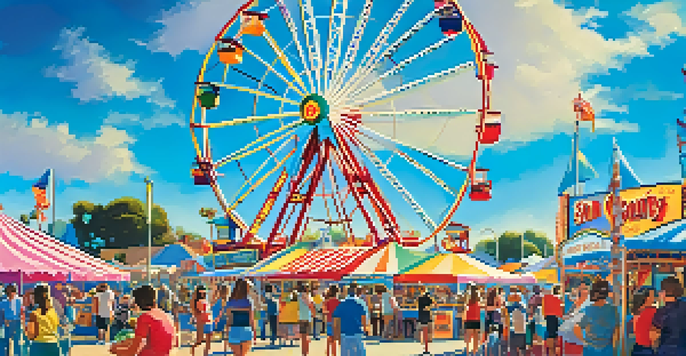 A lively fair scene with a colorful Ferris wheel, families enjoying the festivities, and food stalls serving various treats.