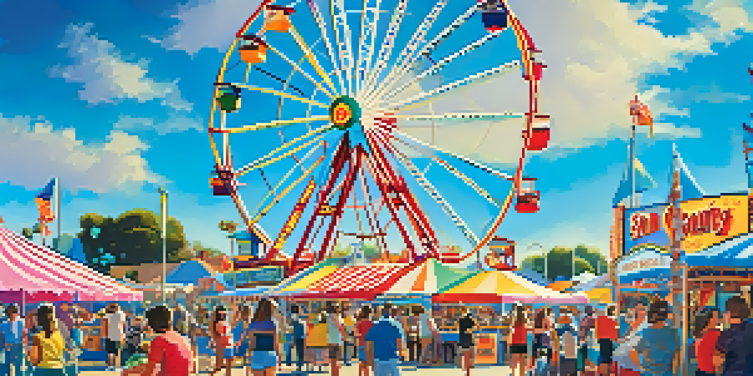A lively fair scene with a colorful Ferris wheel, families enjoying the festivities, and food stalls serving various treats.