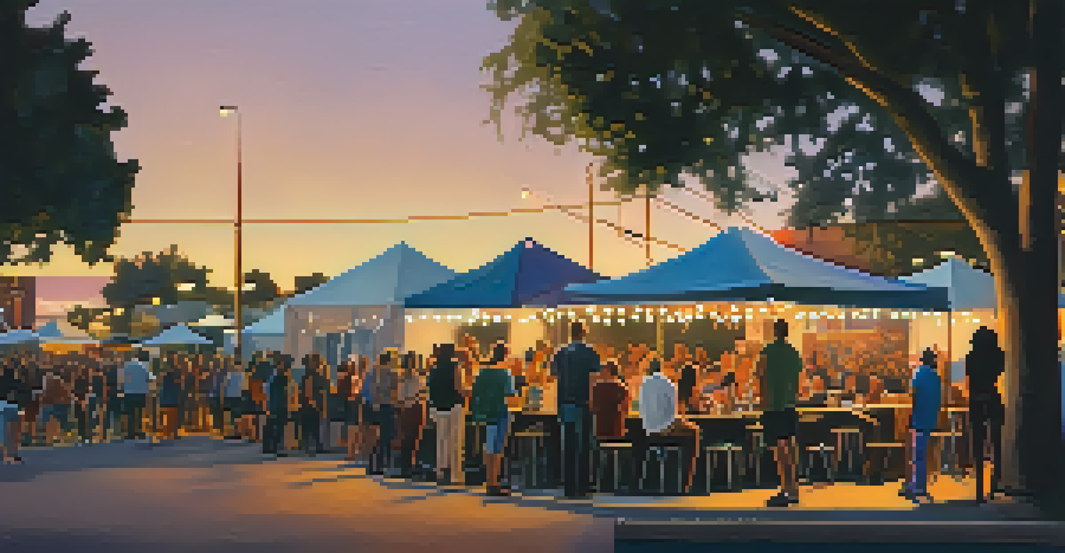 A small crowd enjoying a local band performance in an intimate festival setting with art installations and food trucks.