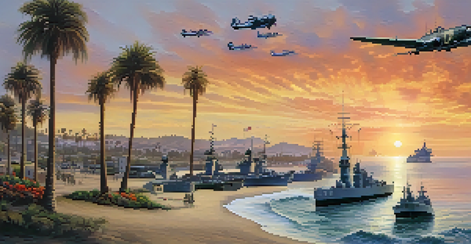 A panoramic view of San Diego's coastline during World War II, showcasing military ships and soldiers on the beach, with a sunset and aircraft in the sky.