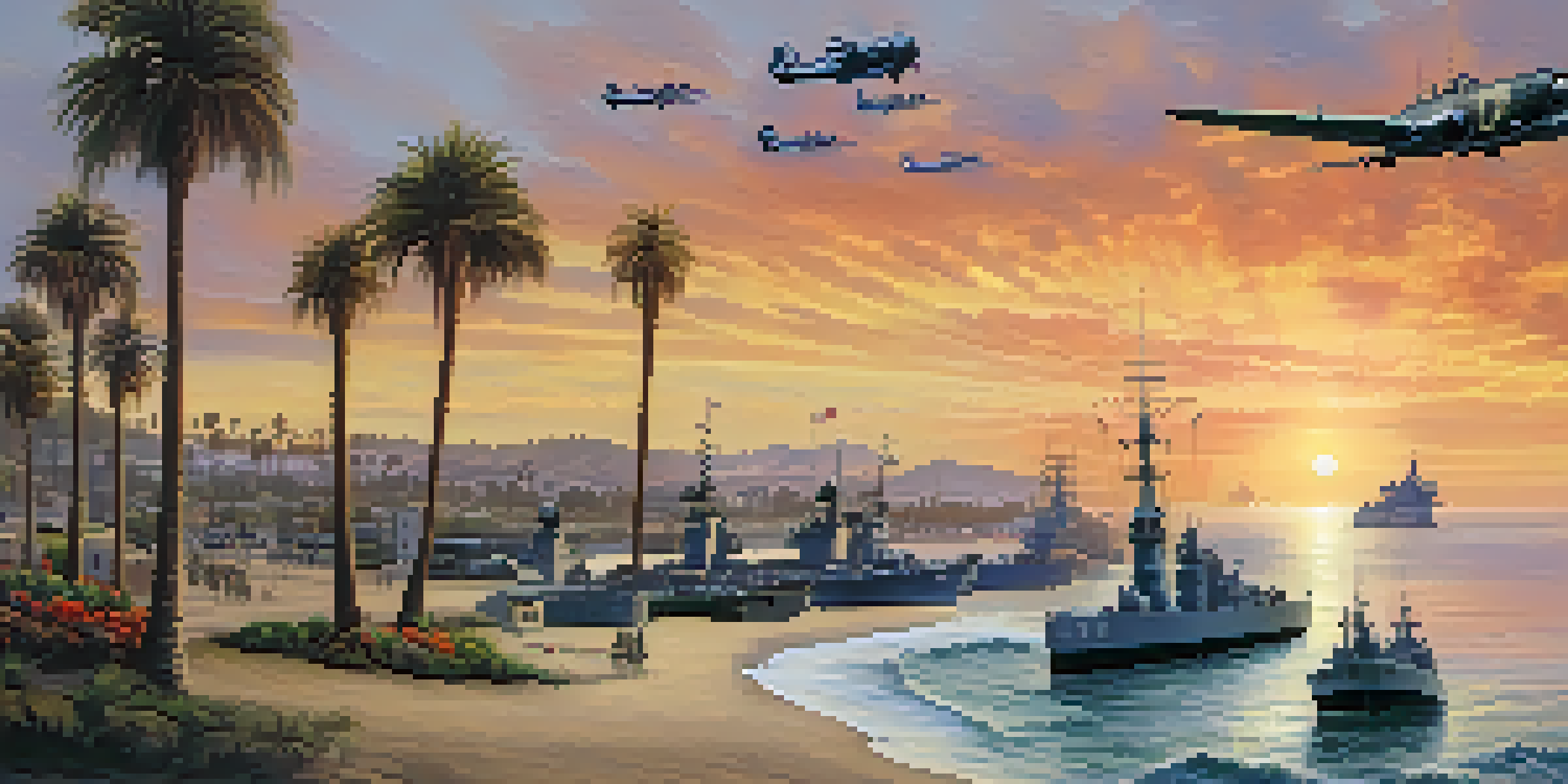 A panoramic view of San Diego's coastline during World War II, showcasing military ships and soldiers on the beach, with a sunset and aircraft in the sky.