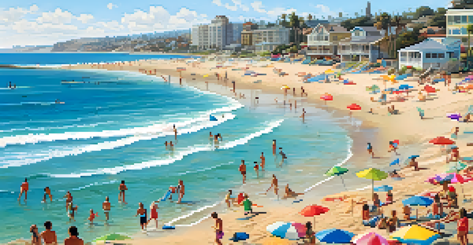 Families enjoying beach activities in San Diego on a sunny day.