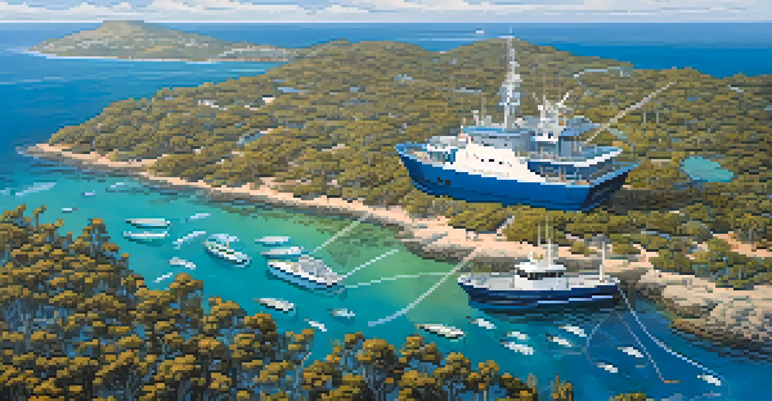 An aerial view of a research vessel on clear blue waters, with underwater drones visible and schools of fish nearby, showcasing marine biodiversity.