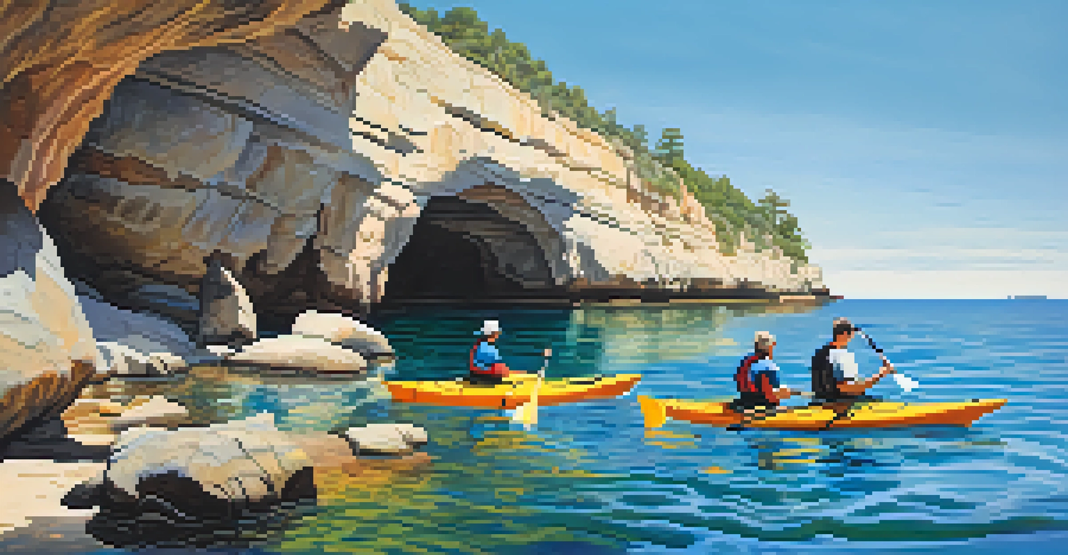 Kayakers exploring the La Jolla Sea Caves with sea lions on the rocks.