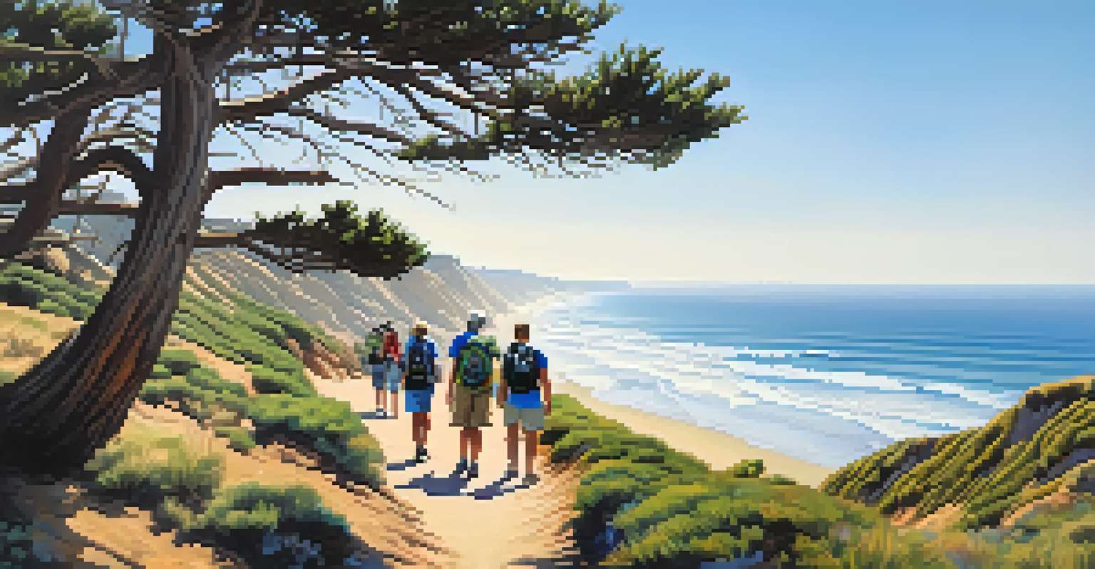 Hikers on a scenic trail in Torrey Pines State Natural Reserve with coastal cliffs and ocean views.