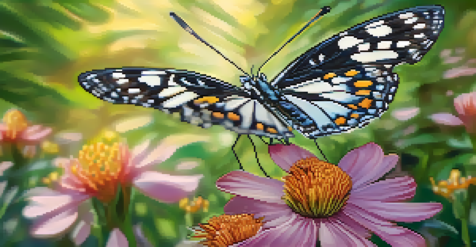 A butterfly resting on a flower in a lush garden, with soft sunlight highlighting its wings.