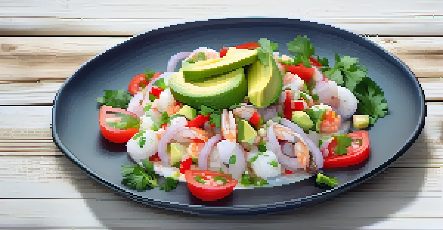 A beautifully plated ceviche dish garnished with avocado and cilantro on a rustic wooden table.