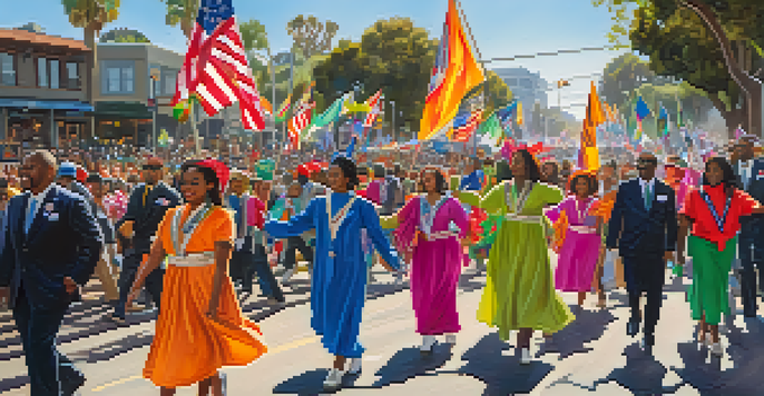 A lively parade scene with diverse individuals celebrating Martin Luther King Jr. Day, surrounded by cheering crowds and colorful decorations.