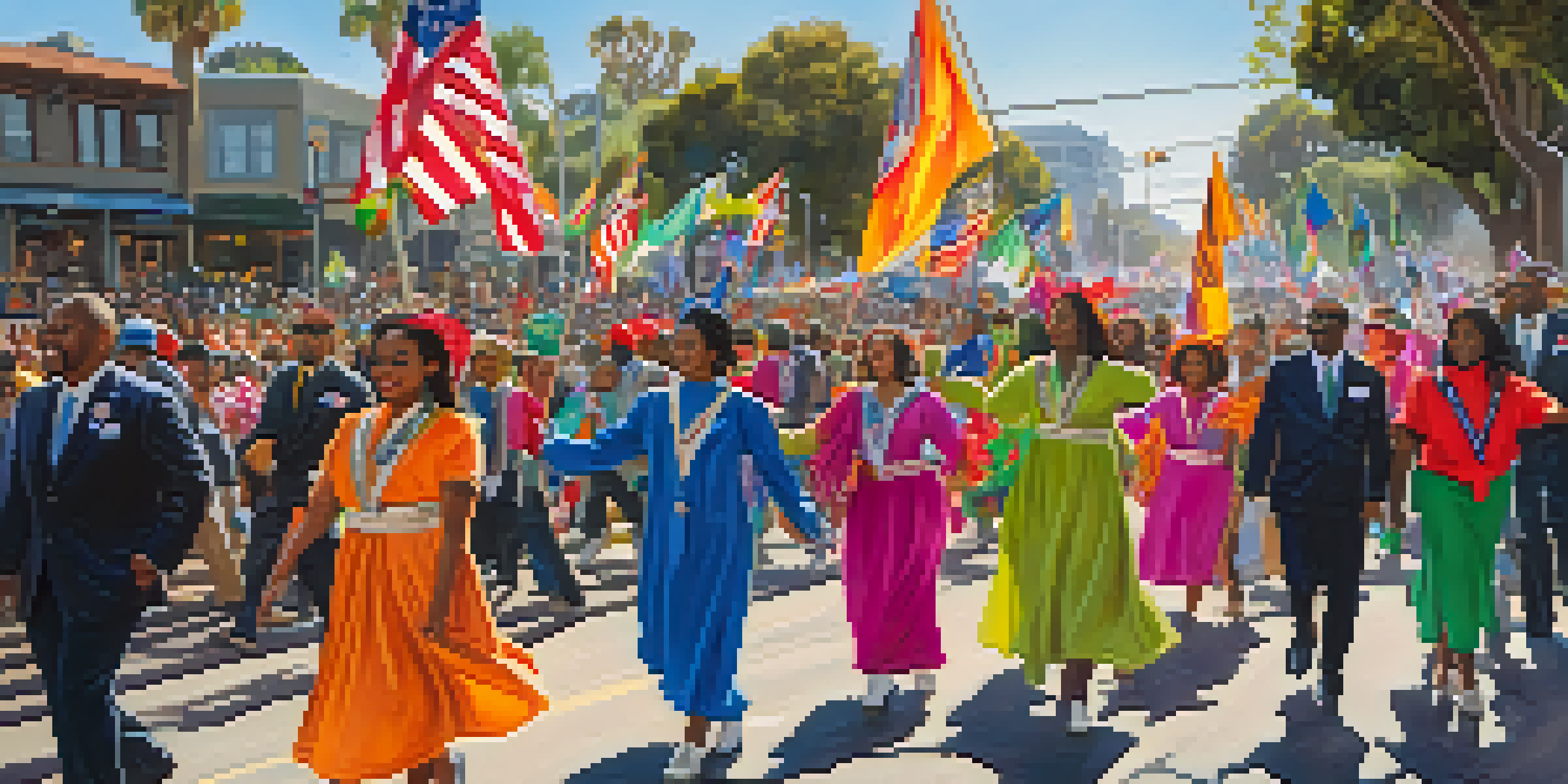 A lively parade scene with diverse individuals celebrating Martin Luther King Jr. Day, surrounded by cheering crowds and colorful decorations.