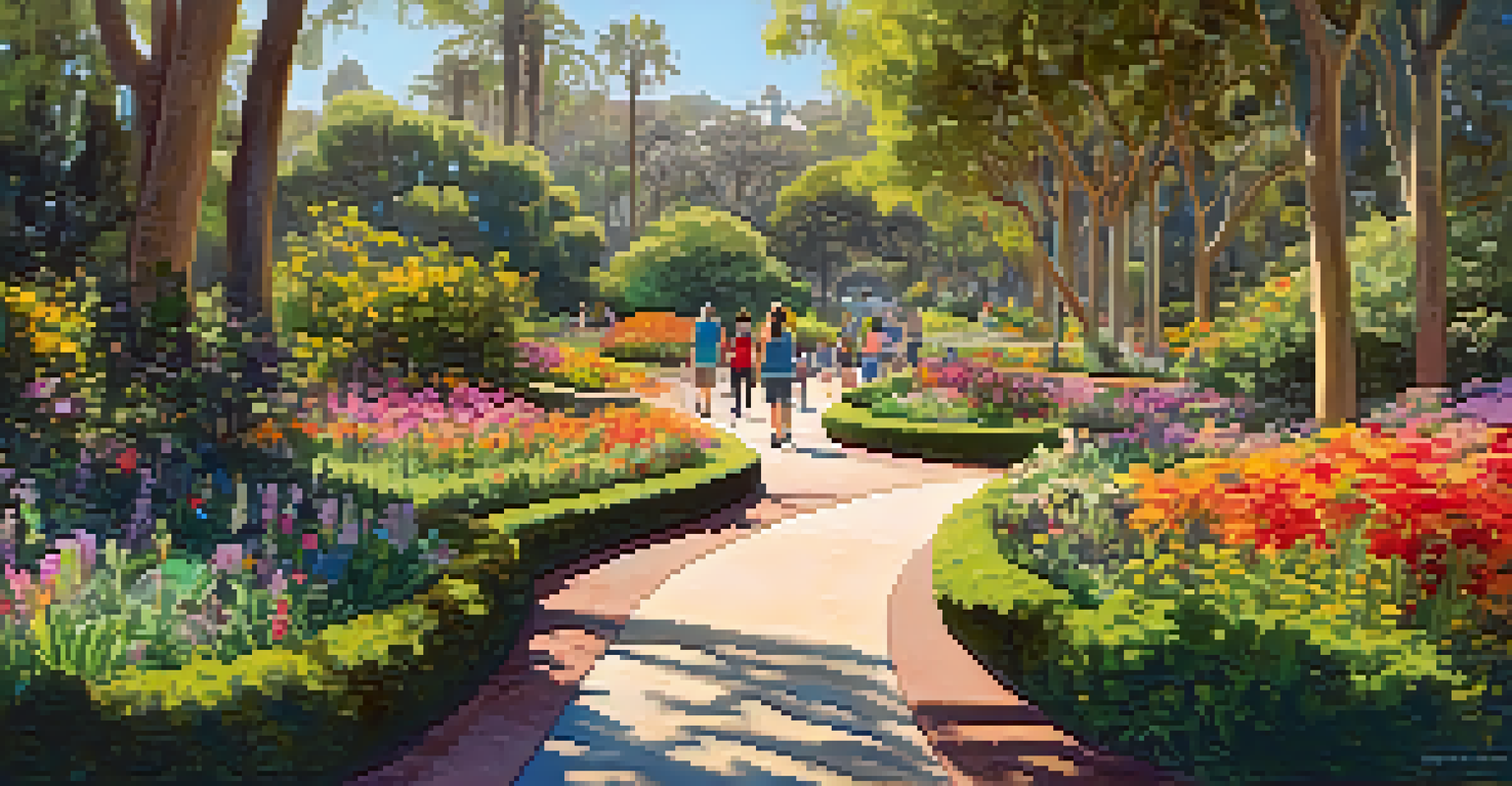 A family hiking in Balboa Park, with children playing and colorful flowers along the sunny path.