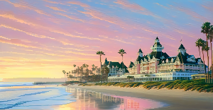 The historic Hotel del Coronado at sunset, featuring Victorian architecture and palm trees.