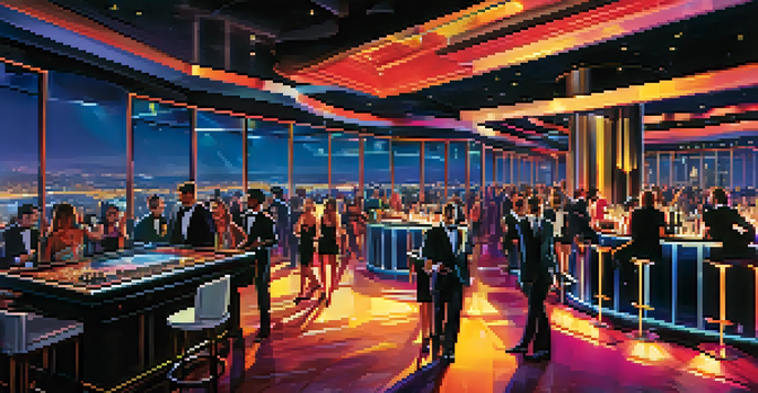 A lively interior of Omnia Nightclub with colorful lights and energetic party-goers dancing, alongside a bar and a view of the San Diego skyline.