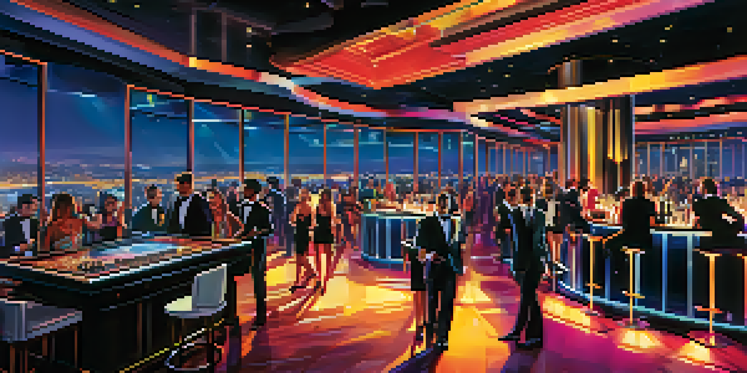 A lively interior of Omnia Nightclub with colorful lights and energetic party-goers dancing, alongside a bar and a view of the San Diego skyline.
