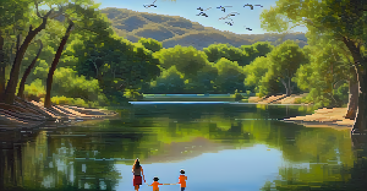 A family walking along the Lake Hodges Trail with lush greenery and a tranquil lake in the background.