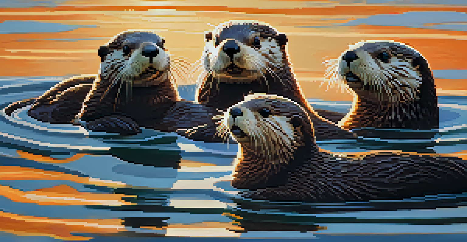 A group of sea otters playing in San Diego Bay during sunset, showcasing their playful nature.