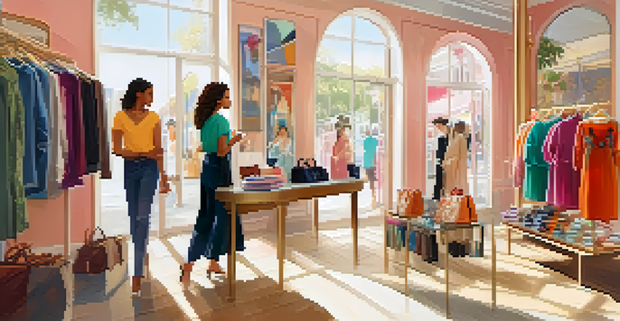 Interior of a boutique with colorful clothing and accessories, bright sunlight streaming through windows, and a staff member helping a customer.