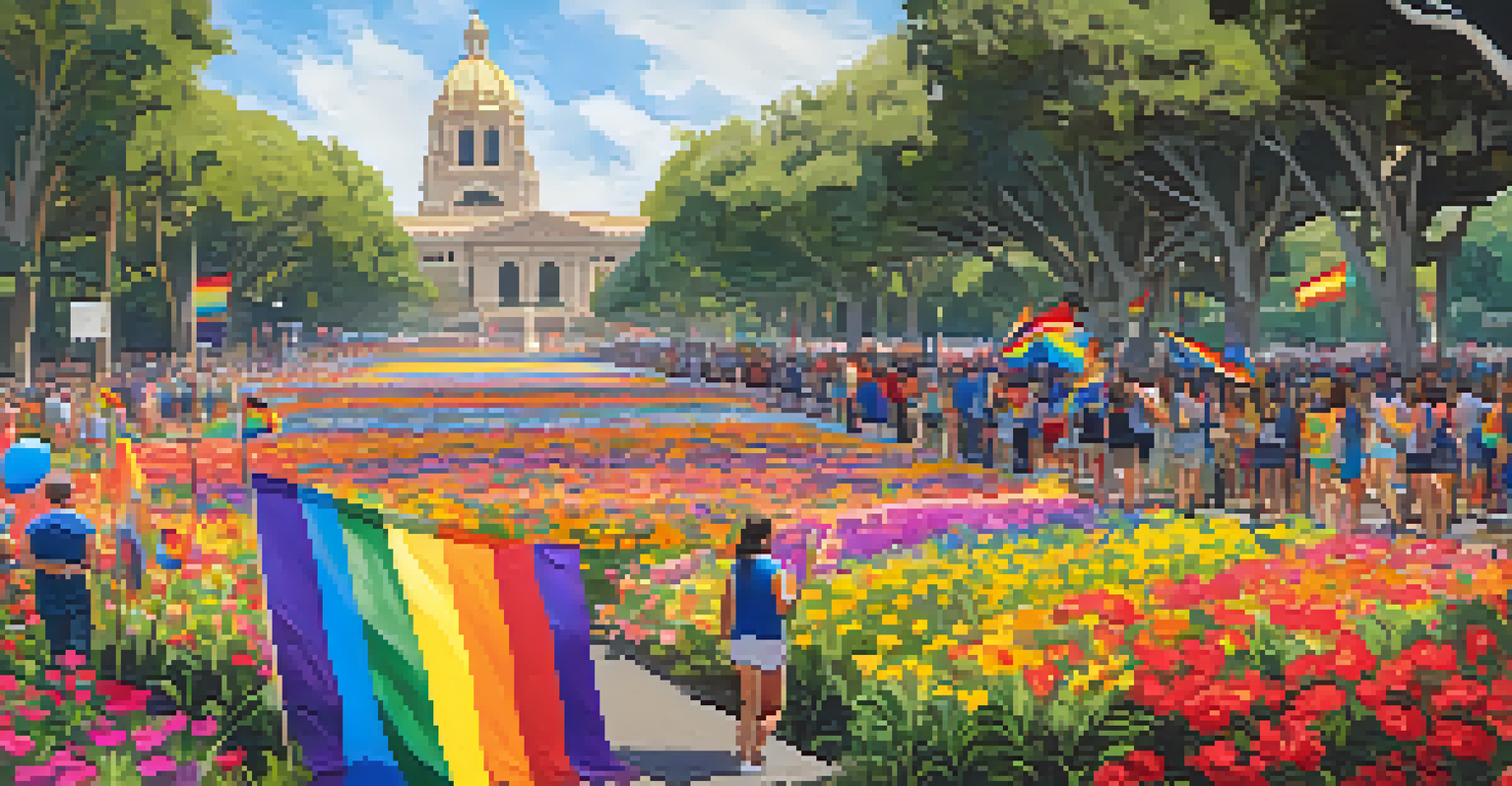 A lively scene at Balboa Park during the Pride Parade, showcasing participants marching with colorful flags and banners amidst beautiful surroundings.