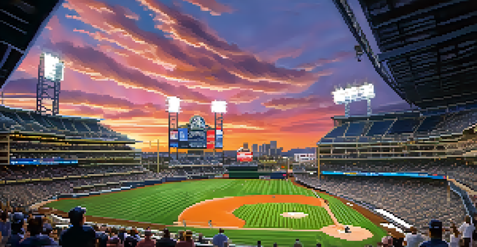 A lively baseball game at Petco Park in San Diego during sunset, with fans in Padres apparel and a colorful sky.