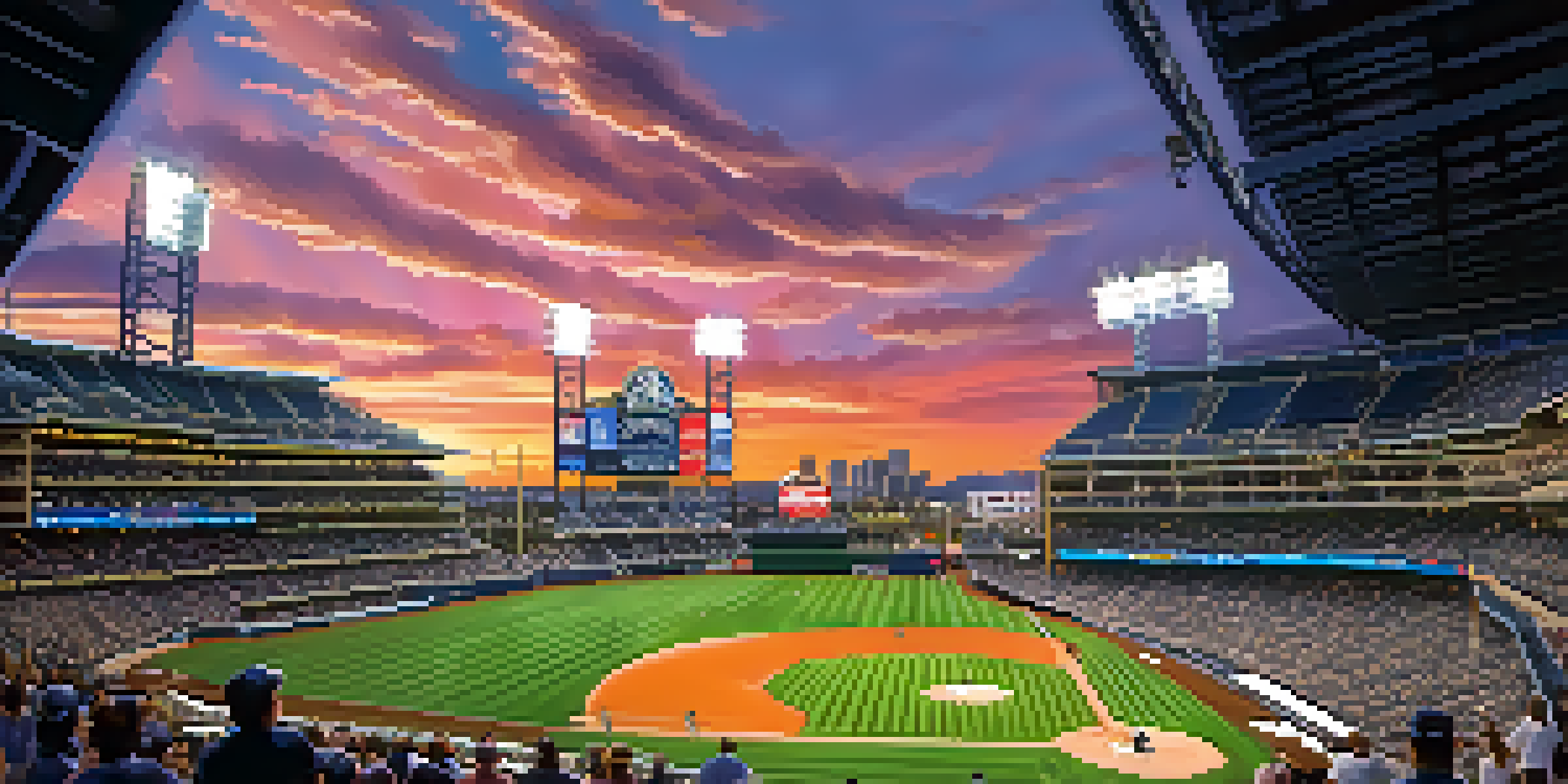 A lively baseball game at Petco Park in San Diego during sunset, with fans in Padres apparel and a colorful sky.