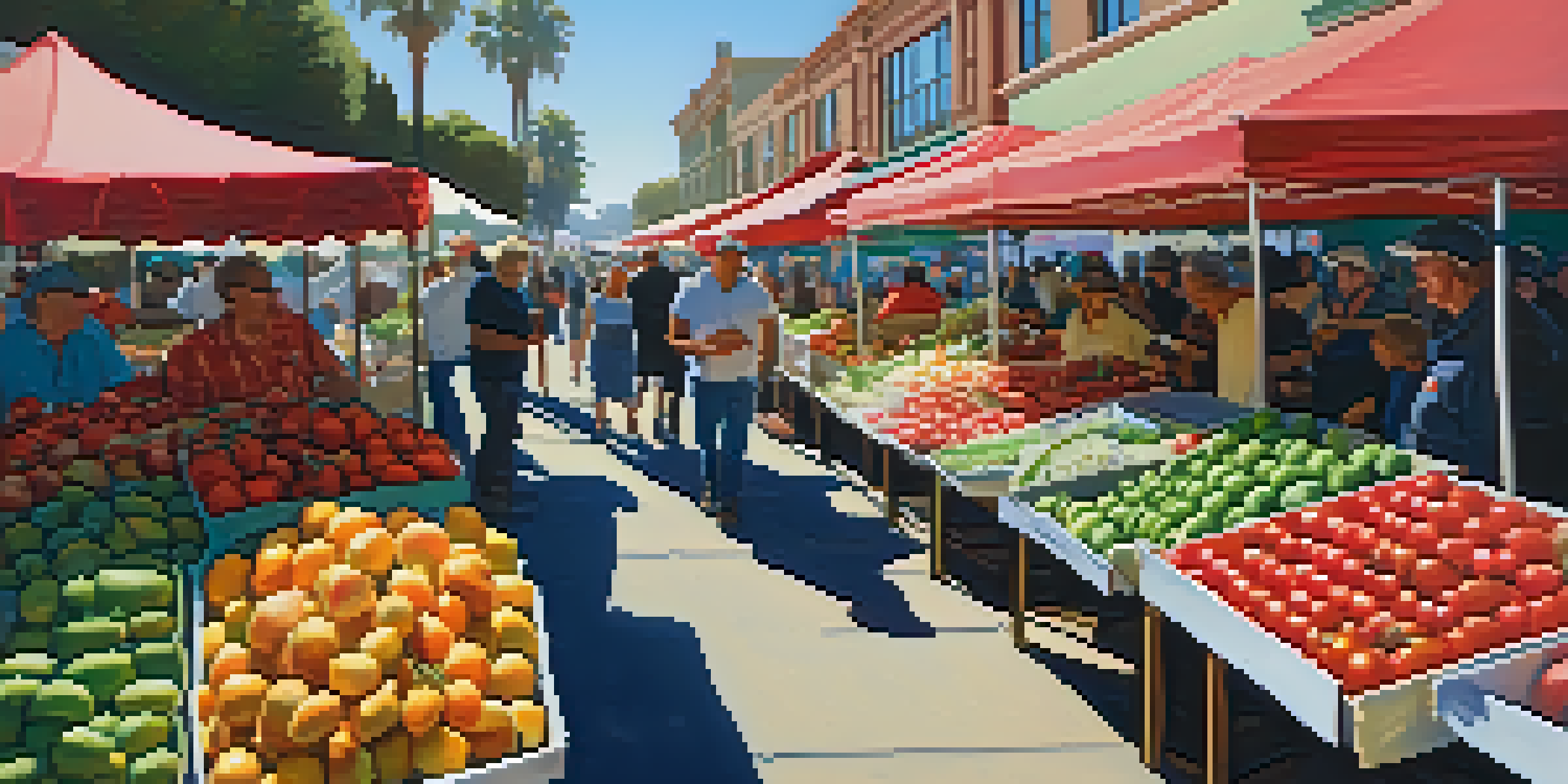 A bustling farmers' market with fresh produce, including tomatoes, strawberries, and avocados, under bright sunlight.