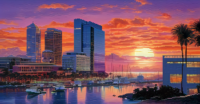 A colorful sunset over the San Diego skyline, featuring silhouettes of biotech buildings and scientists discussing in the foreground.