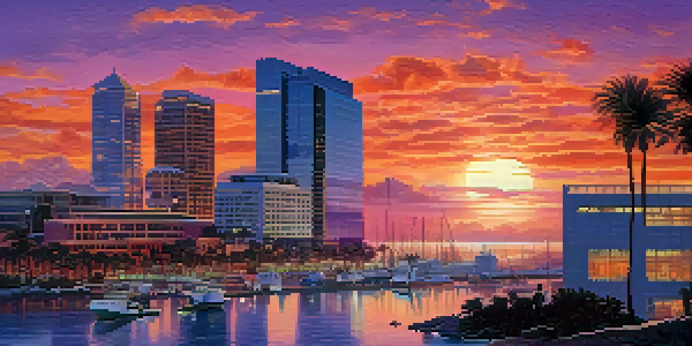 A colorful sunset over the San Diego skyline, featuring silhouettes of biotech buildings and scientists discussing in the foreground.